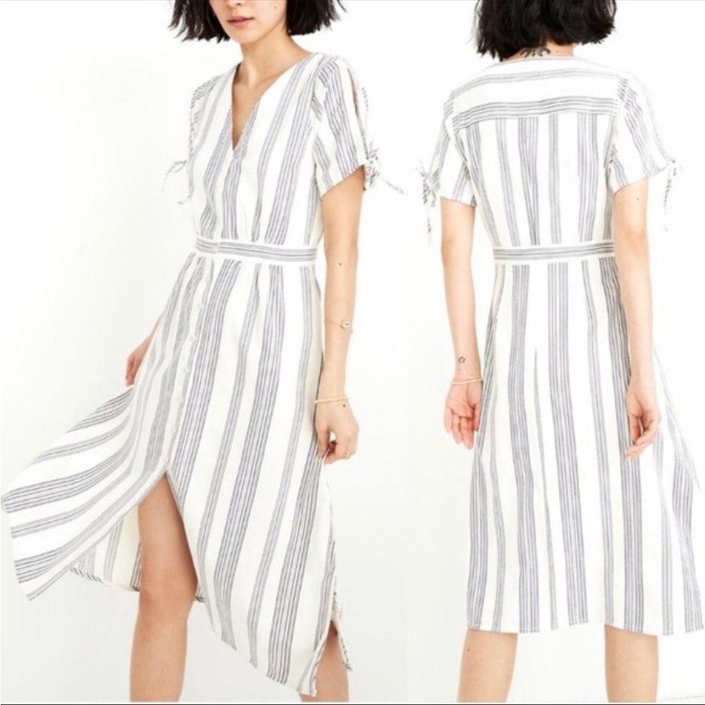 Madewell Indigo Stripe Nicola Midi Dress Button Front Short Sleeve Tie | sz 6